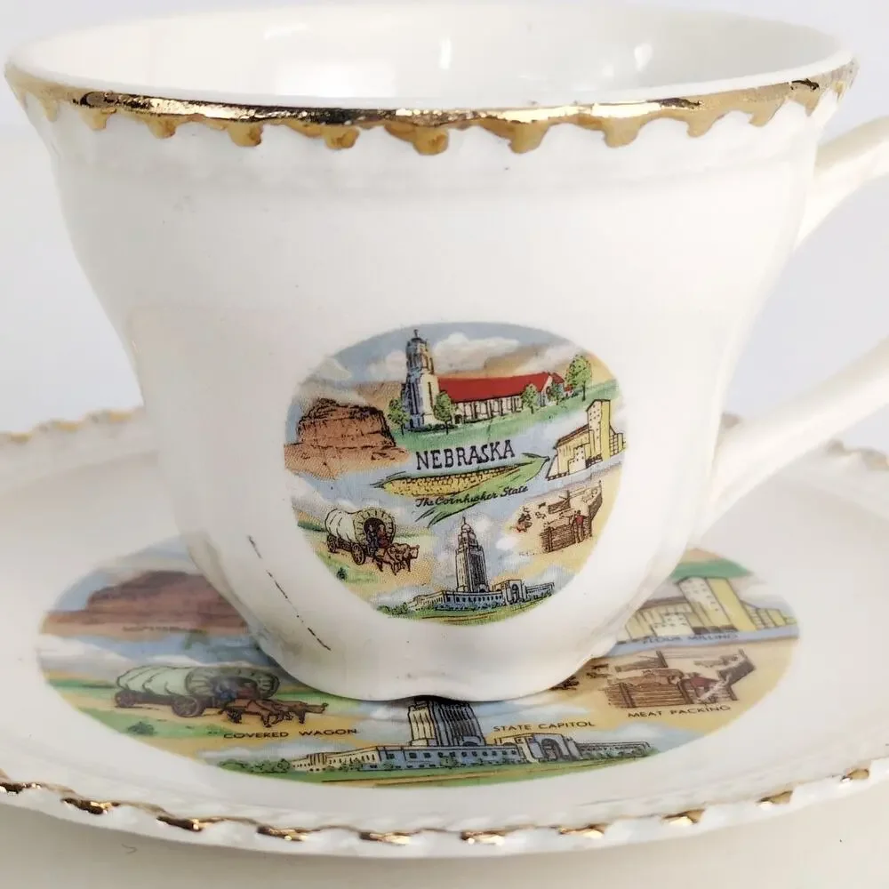 Vintage Nebraska Porcelain Cup & Saucer Set MidCentury Souvenir Cornhusker State